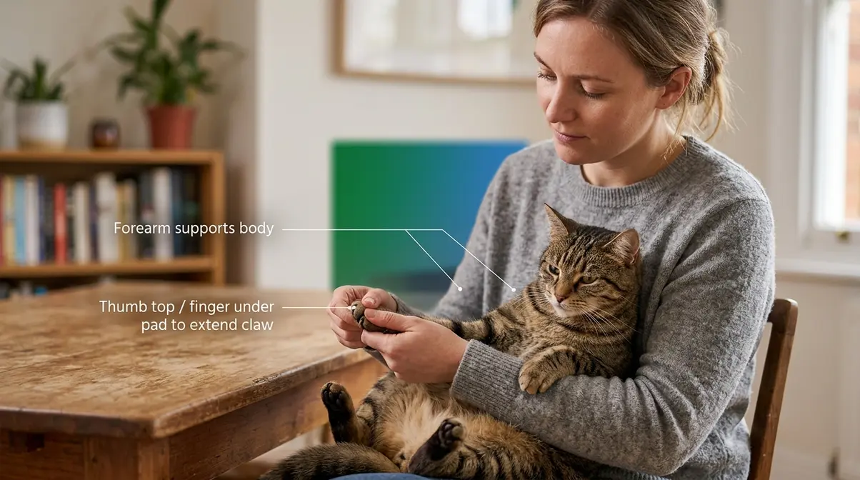 Correct cat holding position for nail trimming — person cradling cat with paw extended safely
