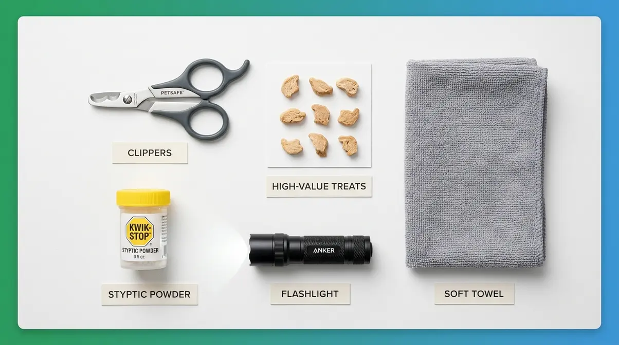 Cat nail trimming supplies laid out — clippers, styptic powder, treats, towel, and flashlight