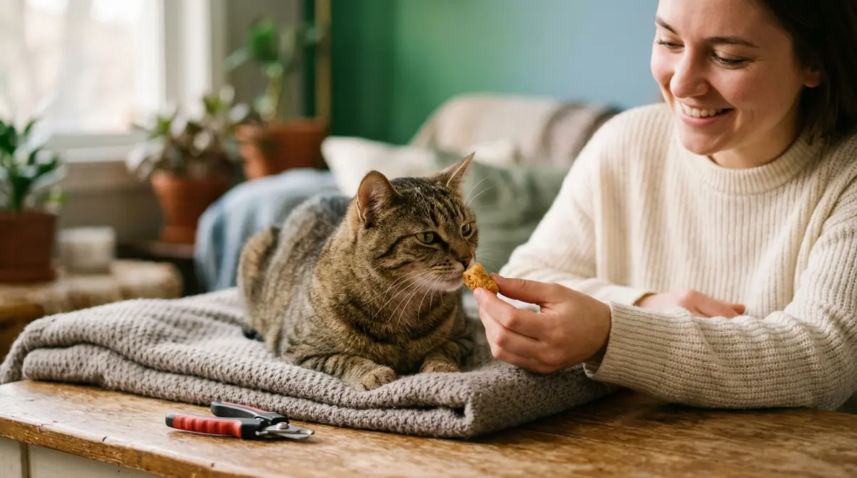 Person rewarding cat with treat immediately after nail trimming session — positive reinforcement