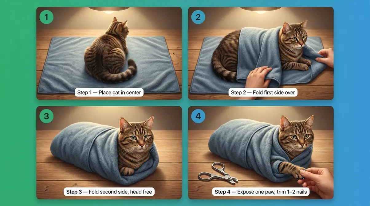 Kitty burrito towel wrap method step-by-step for cat nail trimming — four-panel sequence