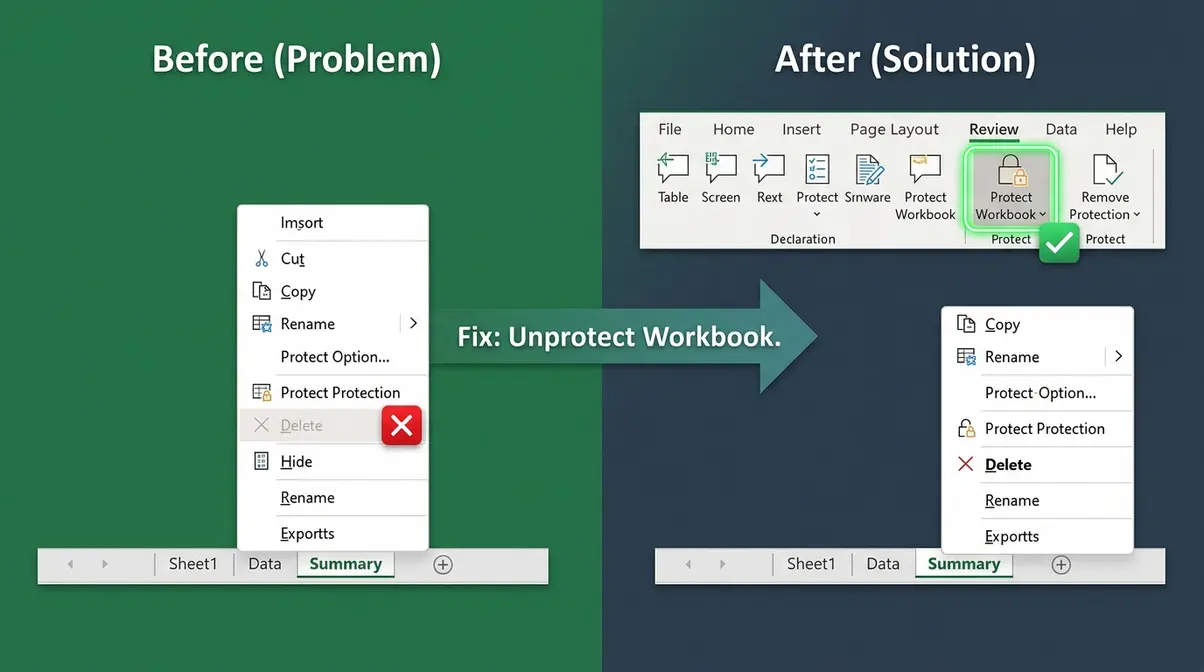 Before and after comparison showing grayed-out Delete sheet option in Excel fixed by unprotecting the workbook via the Review tab