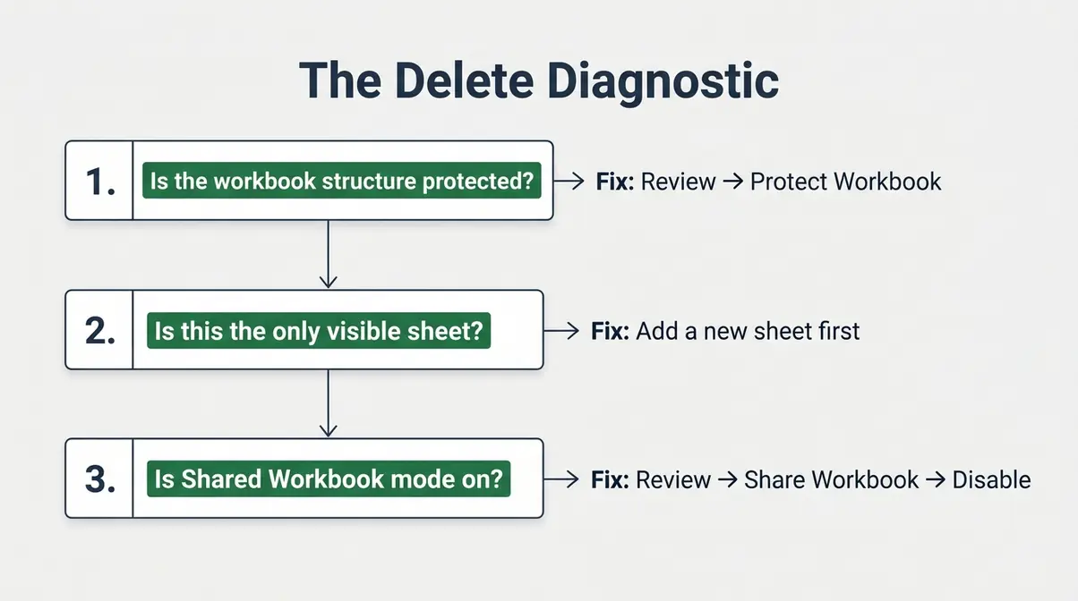 Excel Delete Diagnostic flowchart showing three checks to fix grayed-out Delete sheet option