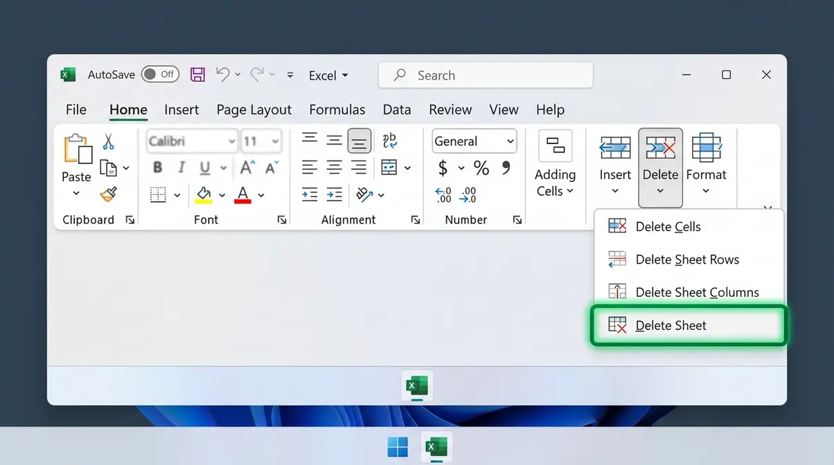 Excel Home ribbon Cells group showing Delete dropdown with Delete Sheet option highlighted