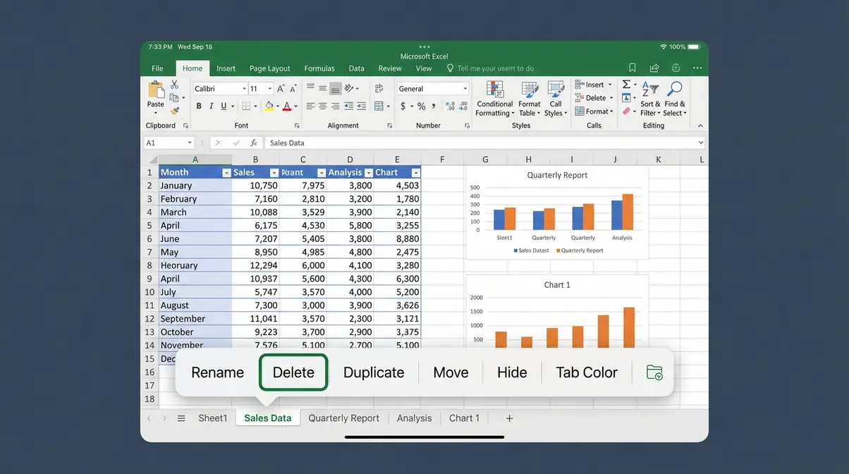 Excel iPad app pop-up menu after tap-and-hold on sheet tab with Delete option visible