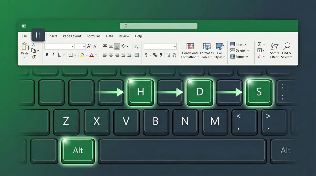 Keyboard showing Alt H D S key sequence highlighted for deleting a sheet in Excel using keyboard shortcuts