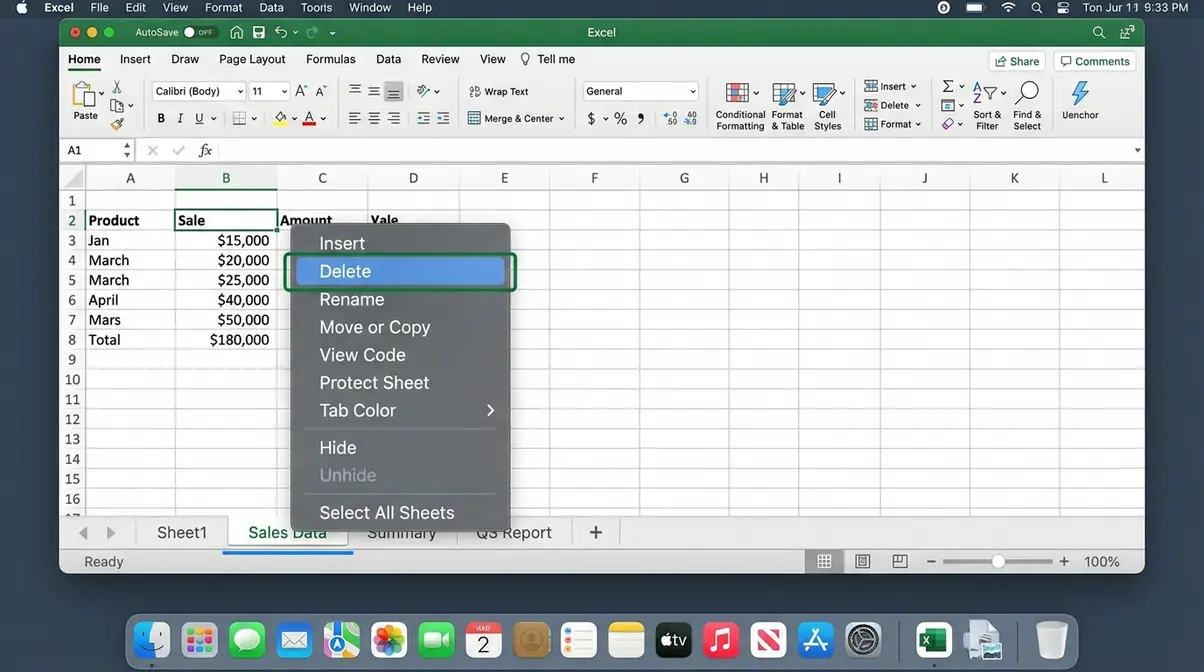 Excel for Mac context menu after Ctrl-click on sheet tab showing Delete option highlighted