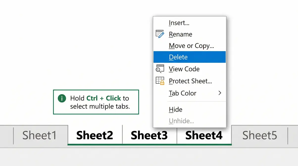 Multiple Excel sheet tabs selected simultaneously with right-click context menu showing Delete option for bulk deletion