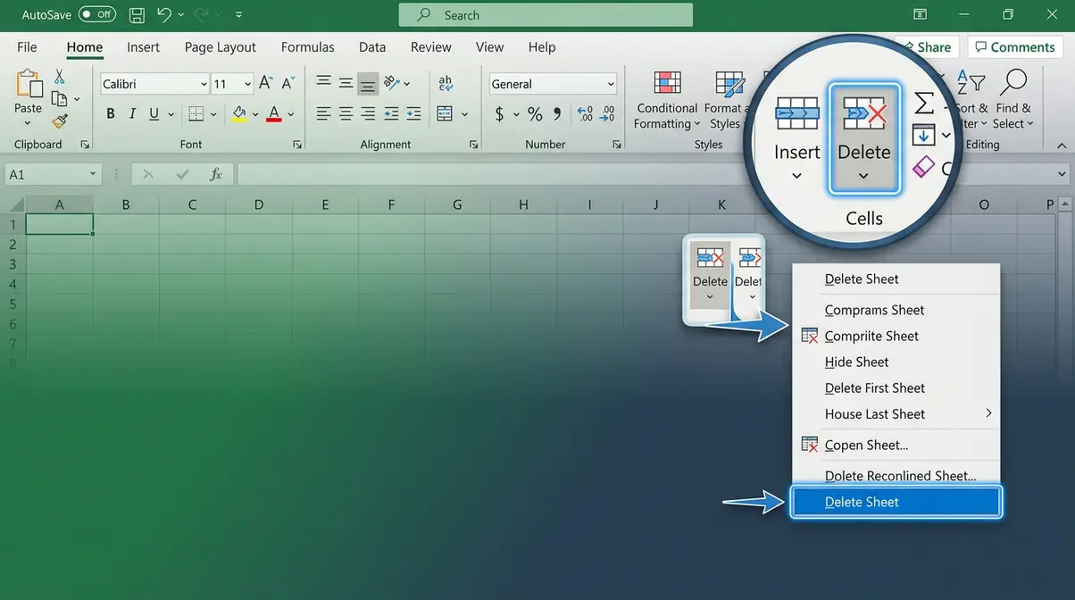 Excel Ribbon menu showing Home tab with Cells group Delete dropdown open and Delete Sheet option highlighted