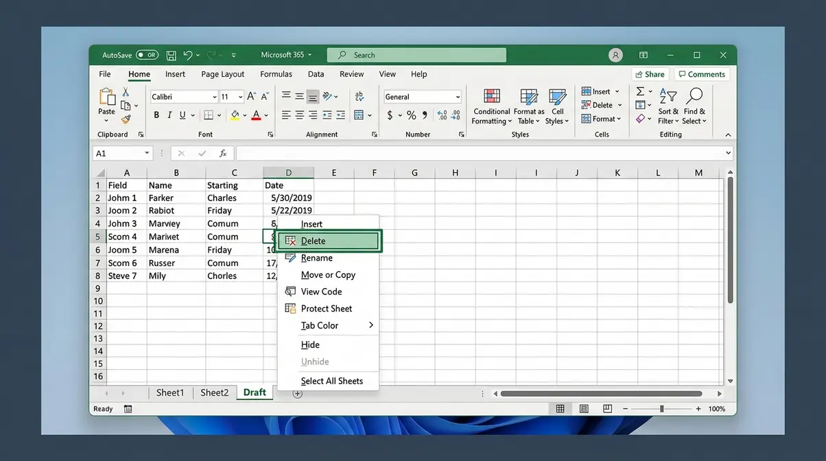 Excel right-click context menu on sheet tab with Delete option highlighted in green