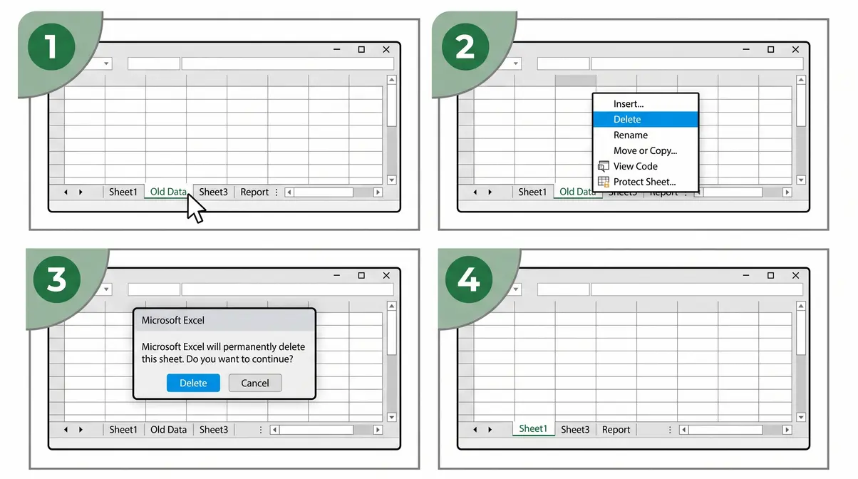 Step-by-step illustrated sequence showing right-click delete sheet method in Excel from tab selection to confirmation