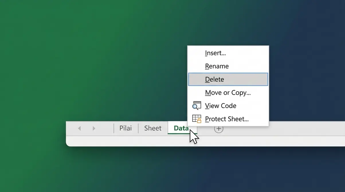 Excel right-click method showing cursor over a sheet tab with context menu open and Delete option highlighted