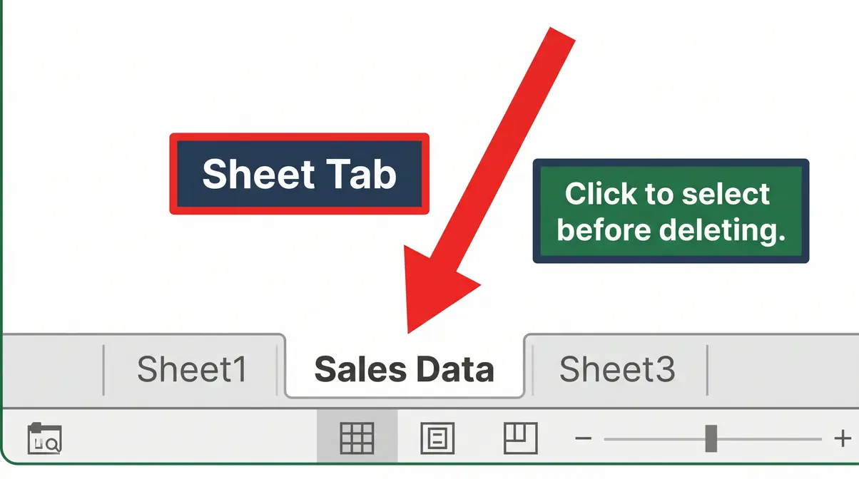 Annotated diagram of Excel sheet tab bar showing how to identify and select a sheet tab before deletion
