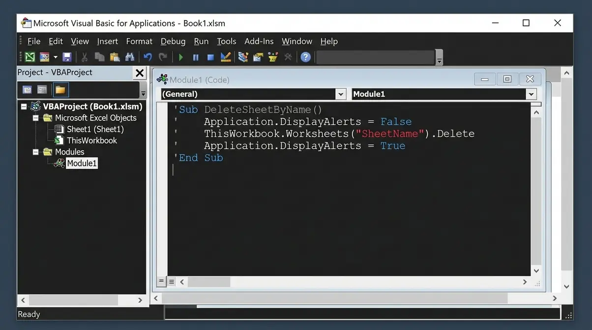 Excel VBA editor window showing the DeleteSheetByName macro code with syntax highlighting