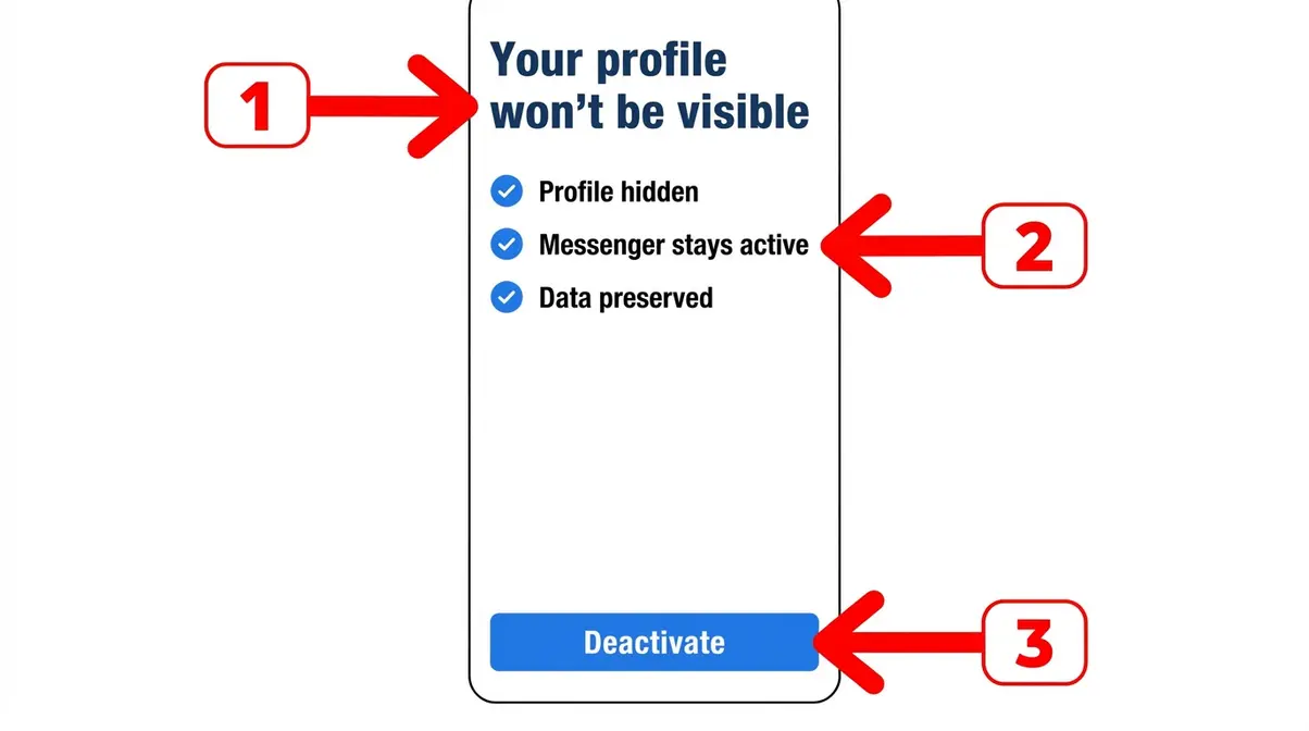 Facebook deactivation confirmation screen showing profile will be hidden with annotated callouts