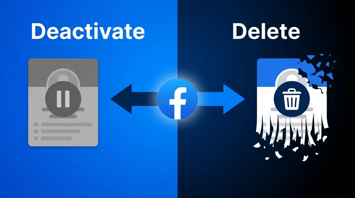 Facebook delete vs deactivate account options shown as two diverging paths from Facebook logo