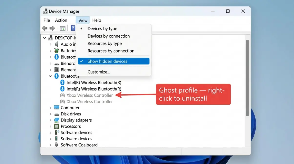 Windows 11 Device Manager with View menu open showing Show hidden devices option and ghost Xbox Bluetooth profiles