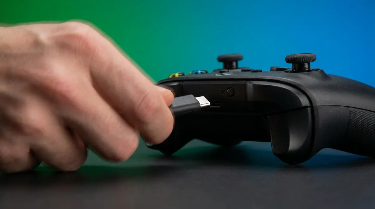 Close-up of USB-C cable being unplugged from Xbox Series X controller bottom port