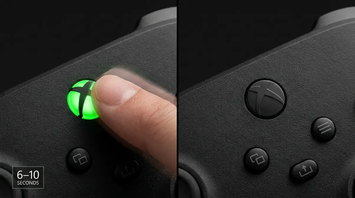 Finger holding Xbox button on controller for 6 to 10 seconds until the light turns off