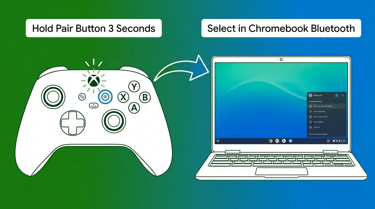 Xbox controller pairing to Chromebook via Bluetooth showing controller in pairing mode and Chromebook settings