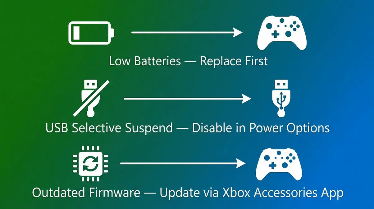 Three Xbox controller disconnection troubleshooting steps: batteries, USB selective suspend, firmware update