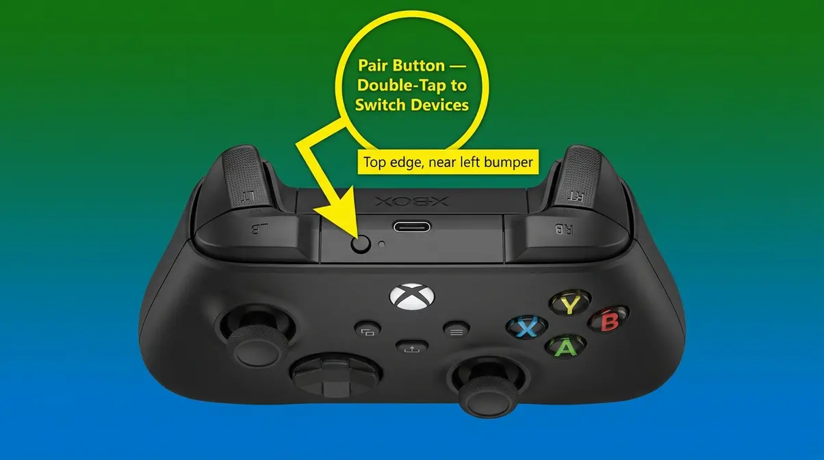 Annotated diagram of Xbox Series X controller top edge showing the Pair sync button location