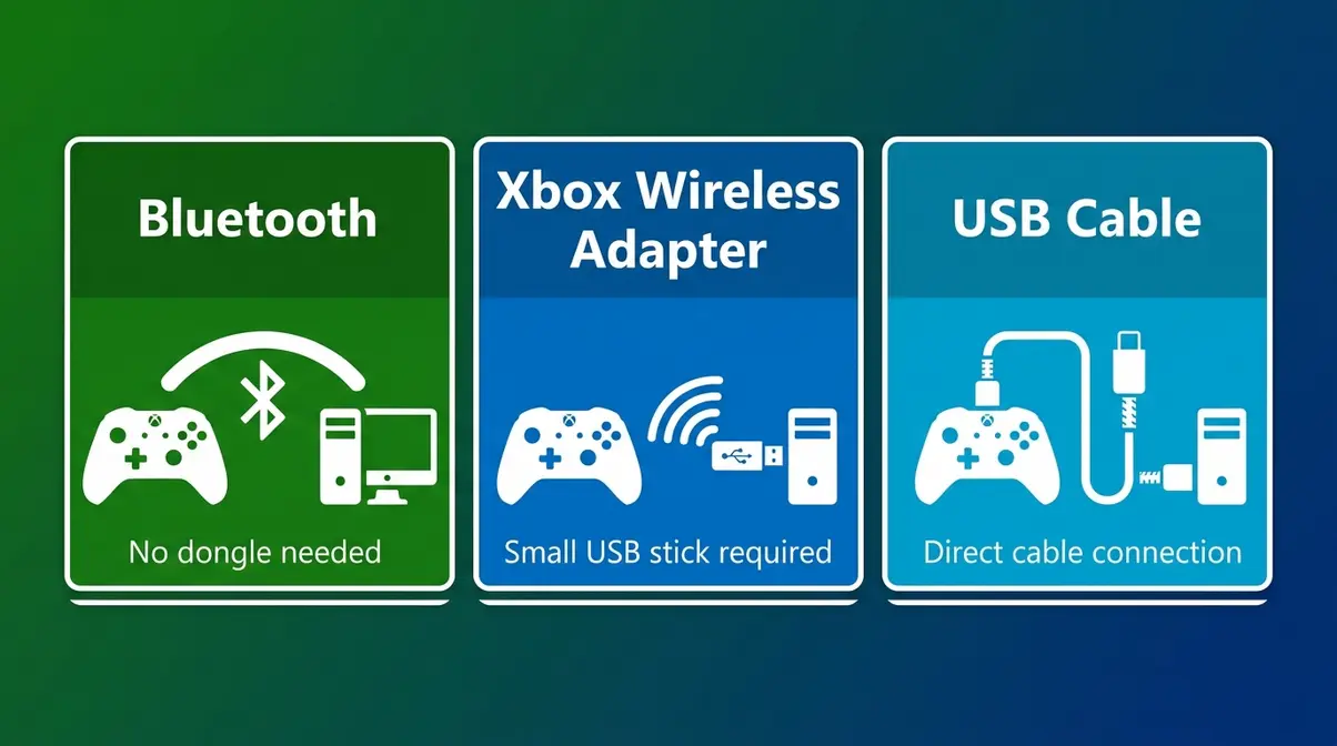 Diagram showing three Xbox controller connection types to a Windows 11 PC: Bluetooth, Wireless Adapter, USB