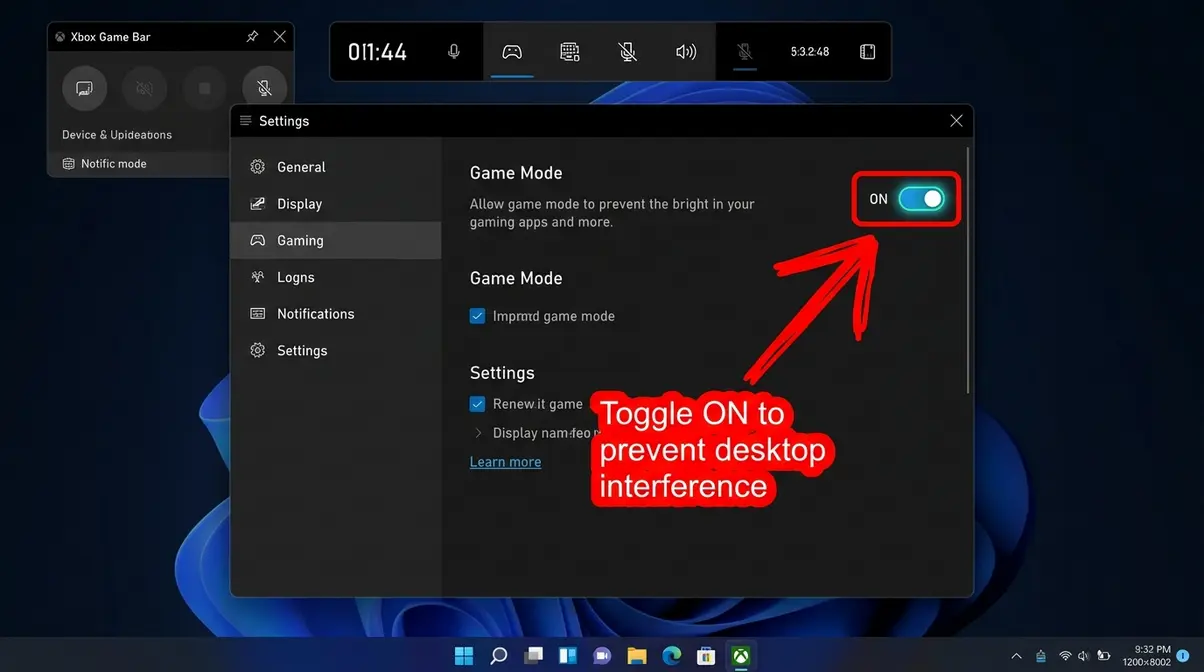 Windows 11 Xbox Game Bar settings panel showing Game Mode toggle switched to On position