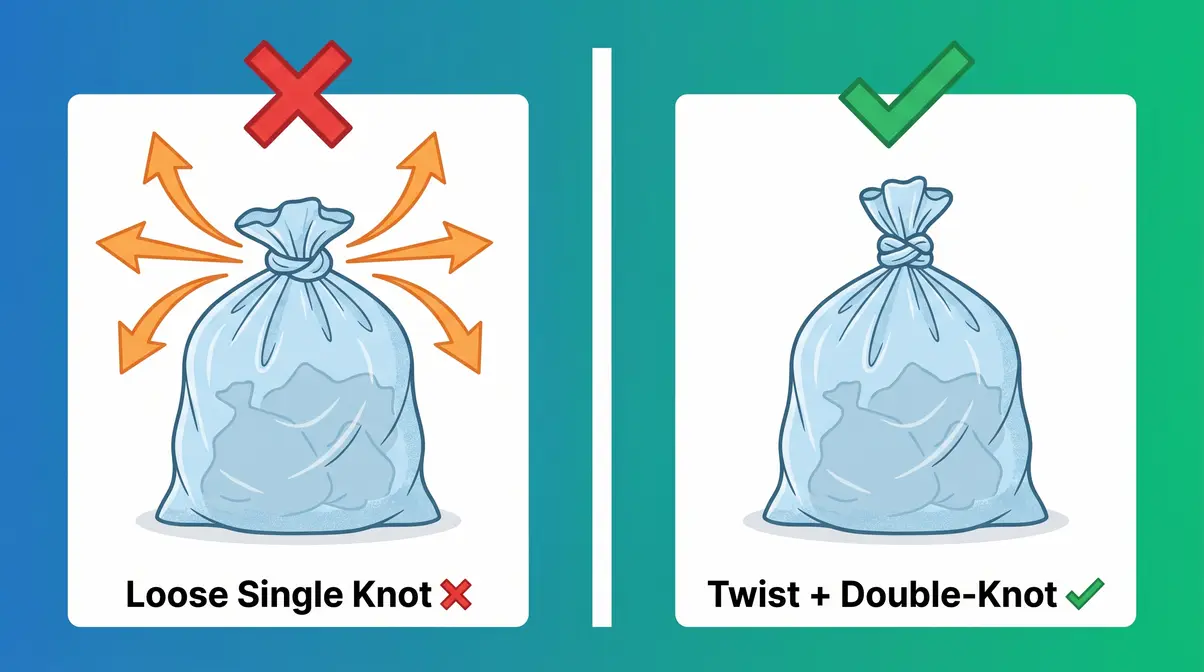 Side-by-side illustration comparing loose single knot versus twist and double-knot bag sealing methods for cat litter