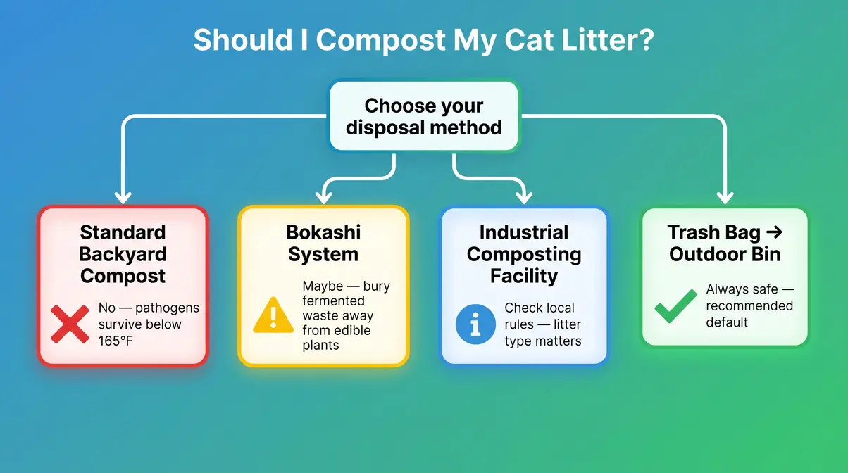 Decision tree infographic showing cat litter composting options from backyard compost to Bokashi to trash bin
