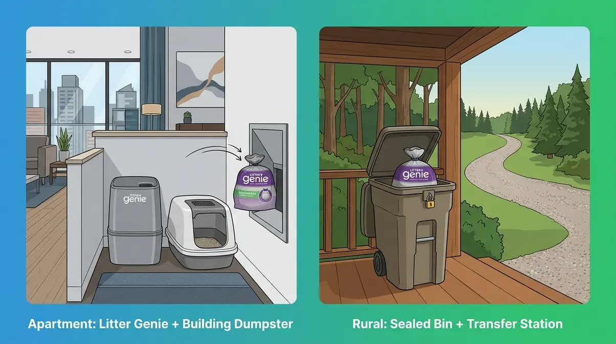 Split illustration showing cat litter disposal solutions for apartment living and rural homes without curbside pickup