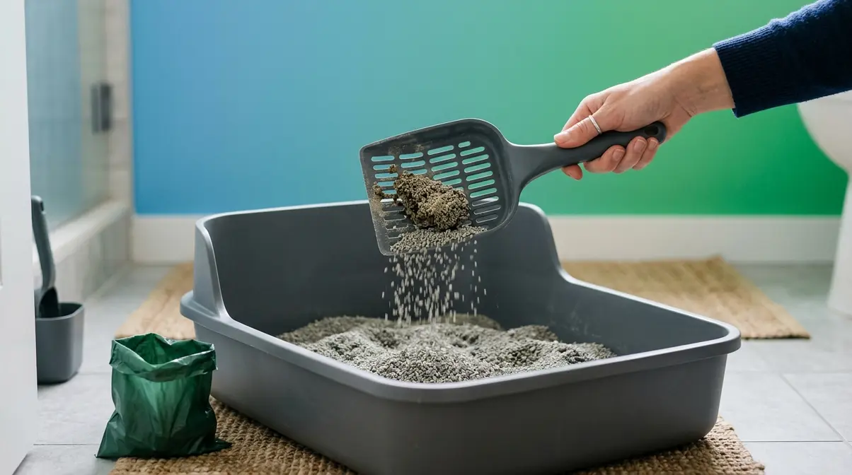 Person scooping cat litter daily with slotted scoop and sealed waste bag nearby