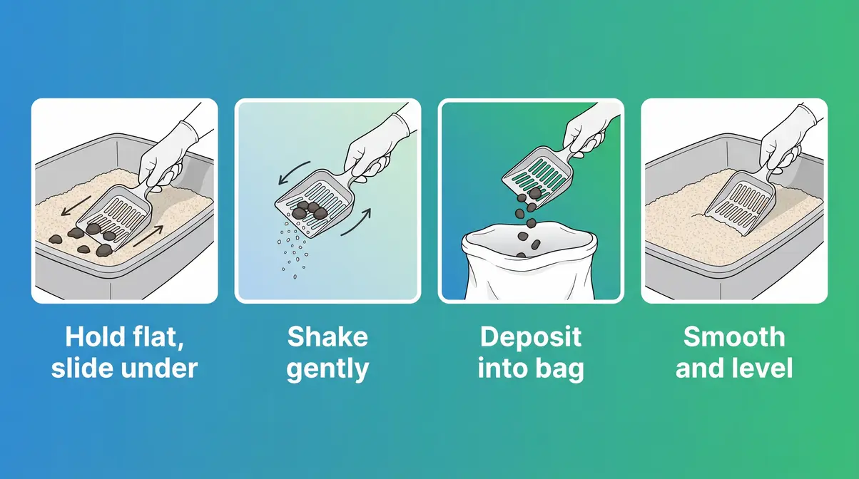 Four-panel diagram showing correct cat litter scooping angle, shaking motion, and bag deposit steps