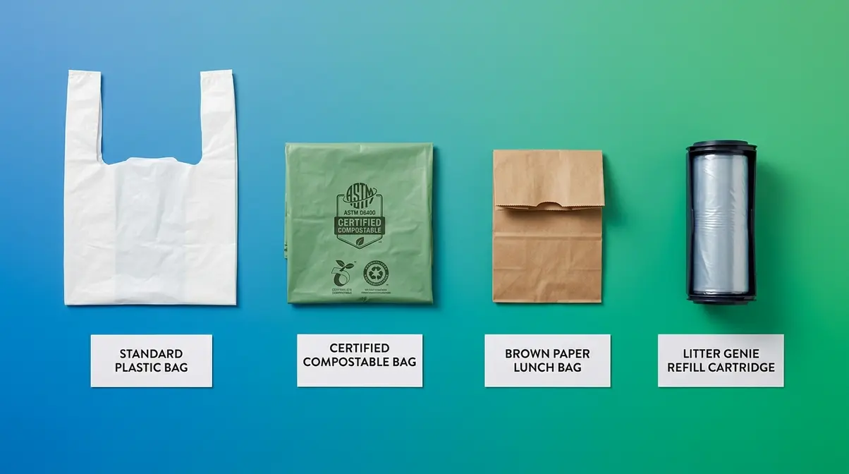 Four cat litter waste bag options including plastic, compostable, paper, and Litter Genie refill cartridge