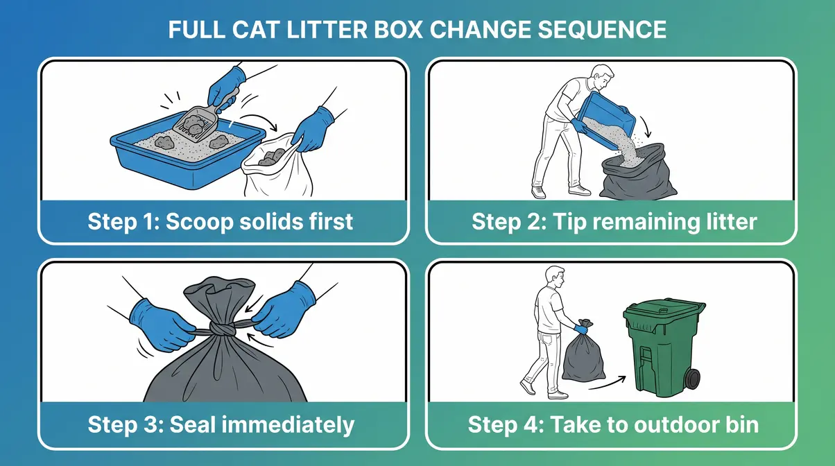 Four-panel infographic showing full cat litter box change steps from scooping solids to outdoor bin disposal
