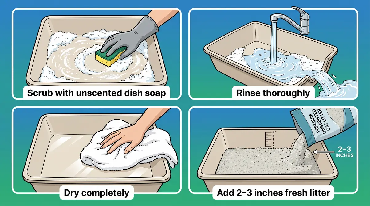 Four-panel illustration of cat litter box deep cleaning steps including scrubbing, rinsing, drying, and refilling