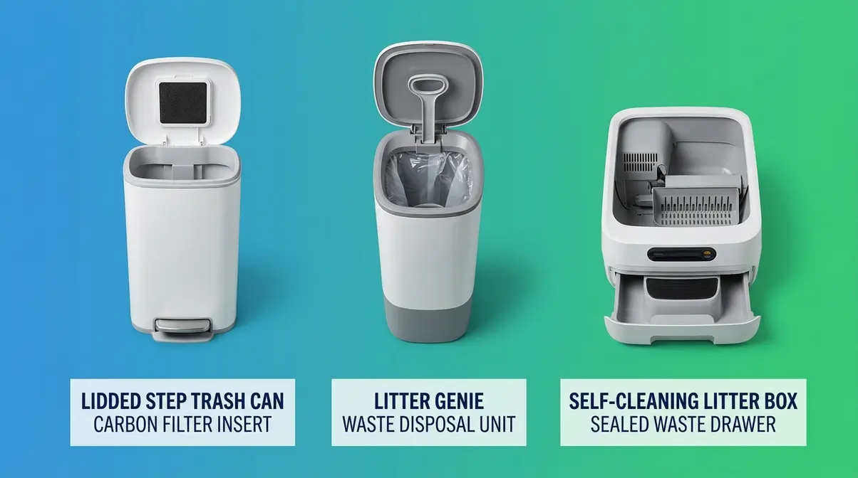 Cat litter odor control tools including Litter Genie waste pail, lidded step bin, and self-cleaning litter box