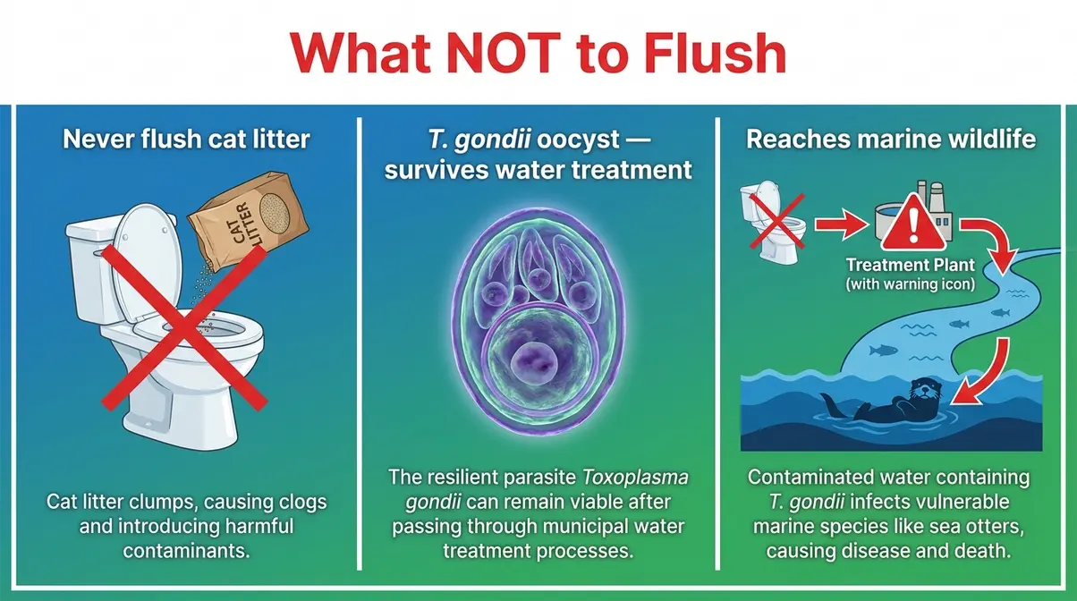 Safety infographic showing why cat litter should never be flushed including Toxoplasma gondii contamination path