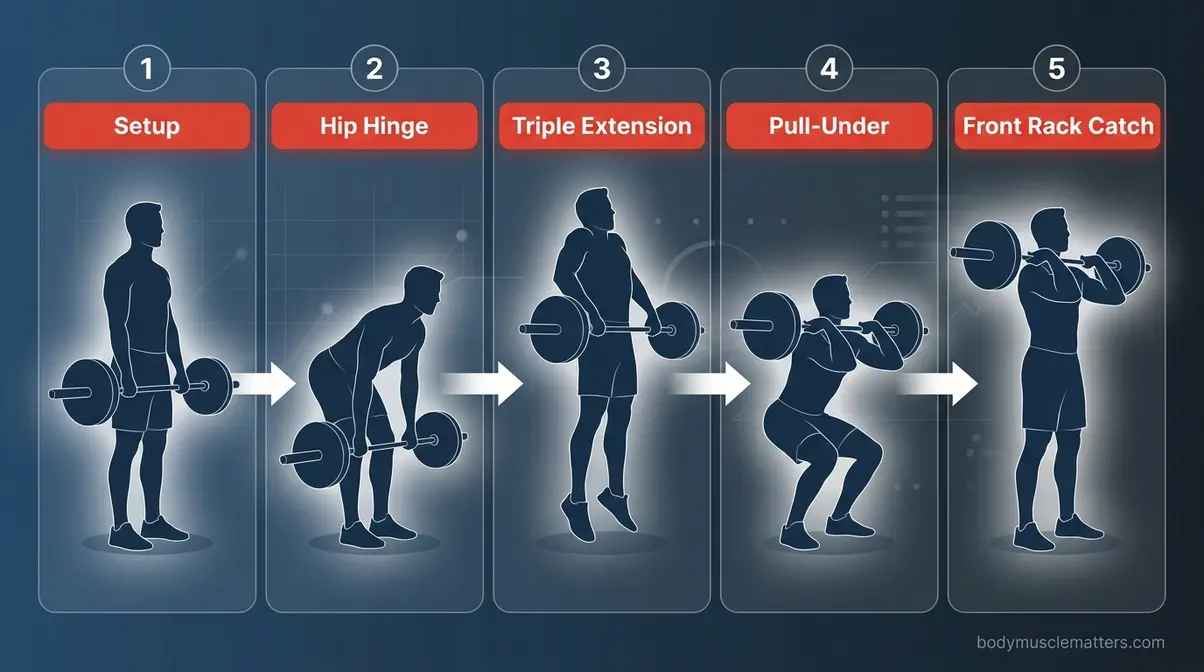 How to do a hang clean 5-step technique infographic showing setup through front rack catch