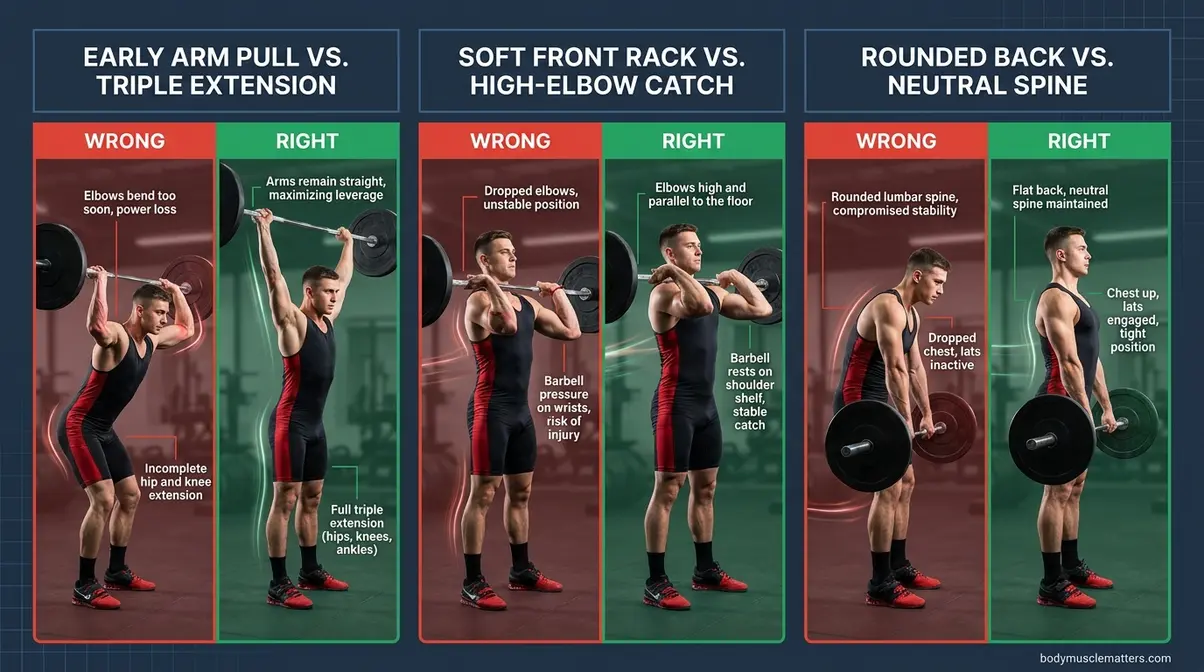 Hang clean common mistakes infographic comparing early arm pull, soft front rack, and rounded back errors