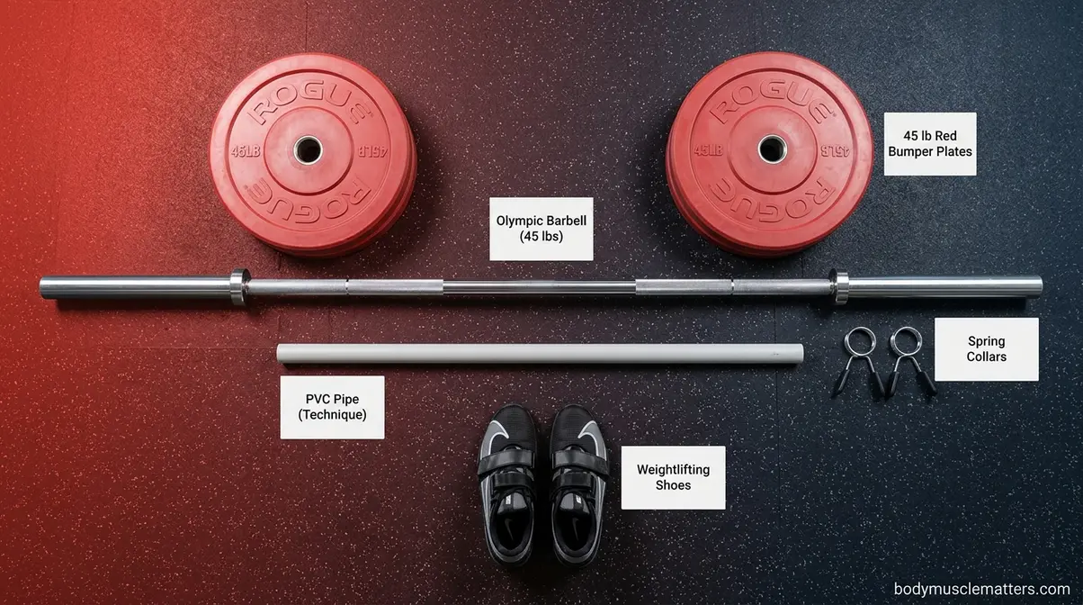 Hang clean equipment layout showing barbell, bumper plates, flat shoes, and PVC pipe alternatives