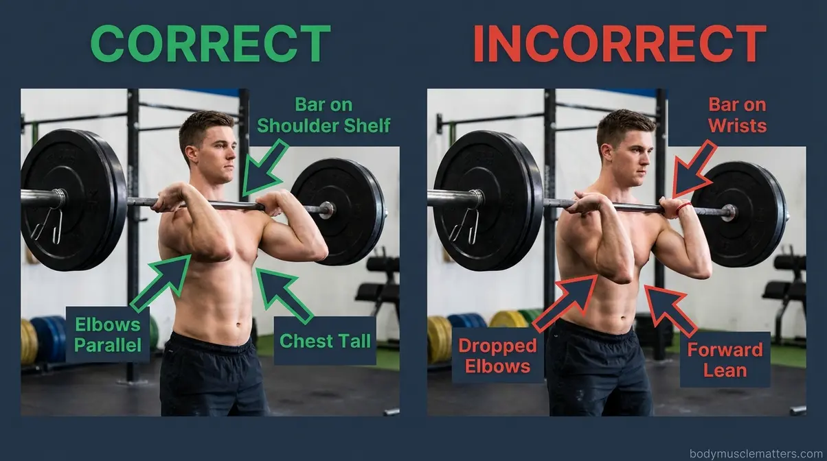 Hang clean front rack position correct vs incorrect form comparison showing elbow height difference