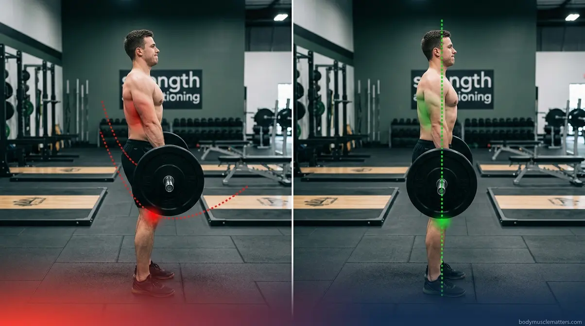 Hang clean bar path comparison showing incorrect forward drift versus correct vertical pull