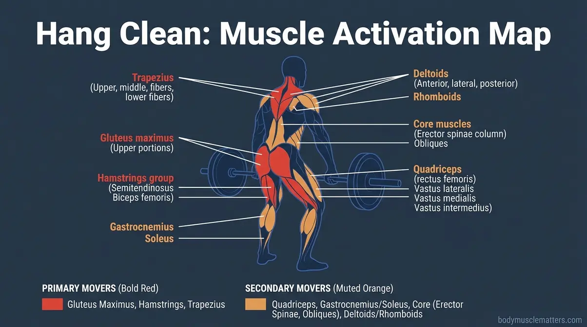 Hang clean muscle activation diagram showing posterior chain primary and secondary movers