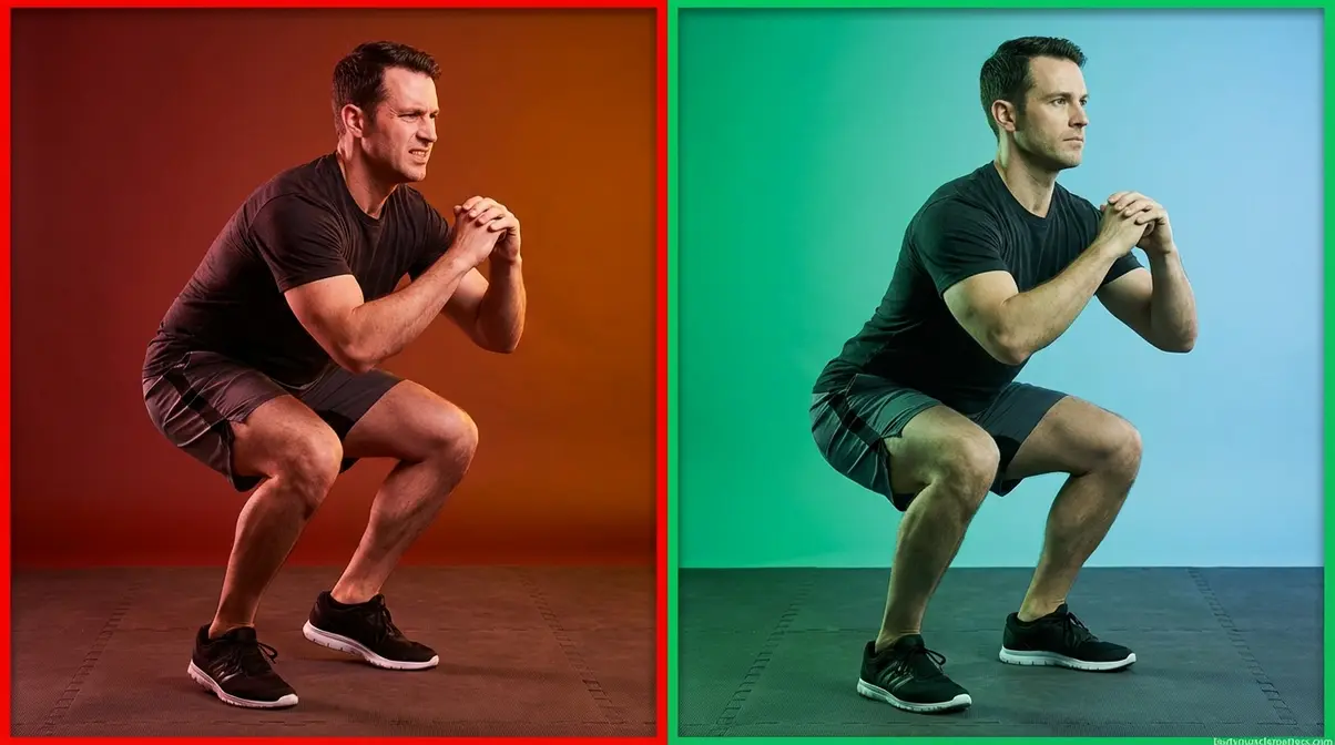 Side-by-side comparison of common squat form errors versus correct squat technique