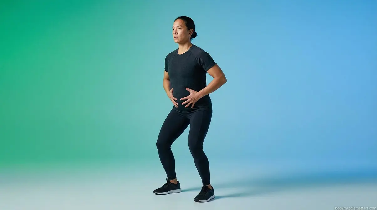 Person demonstrating core bracing belly-breath technique before descending into a squat