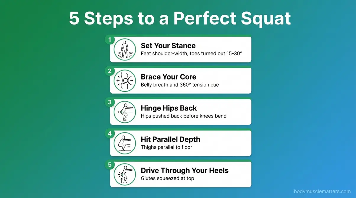 Step-by-step infographic showing how to do a perfect squat for beginners numbered one through five