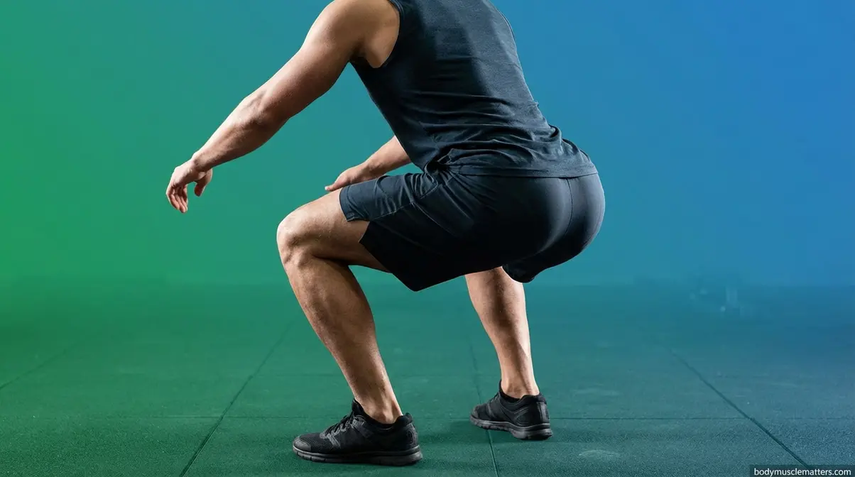 Adult driving through heels during squat ascent with glutes fully contracted at top