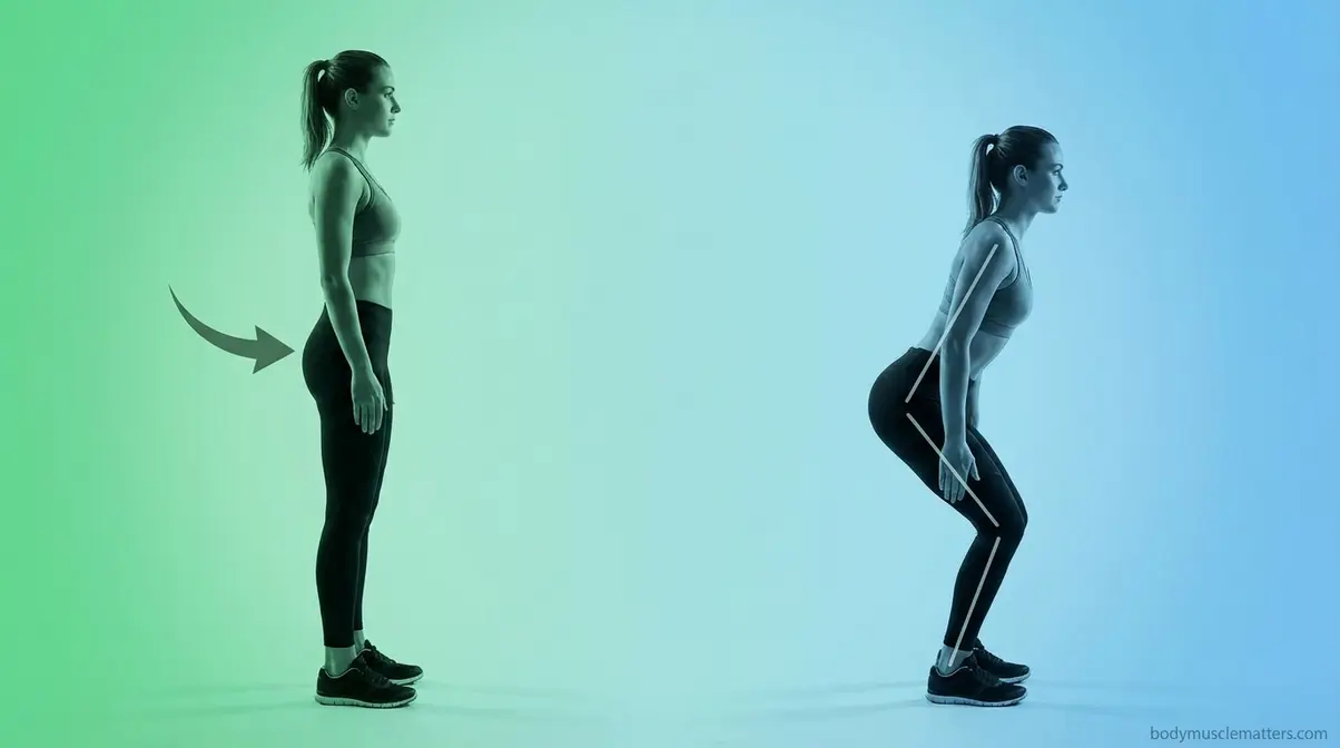 Side-profile showing hip-hinge initiation before knee bend during correct squat descent