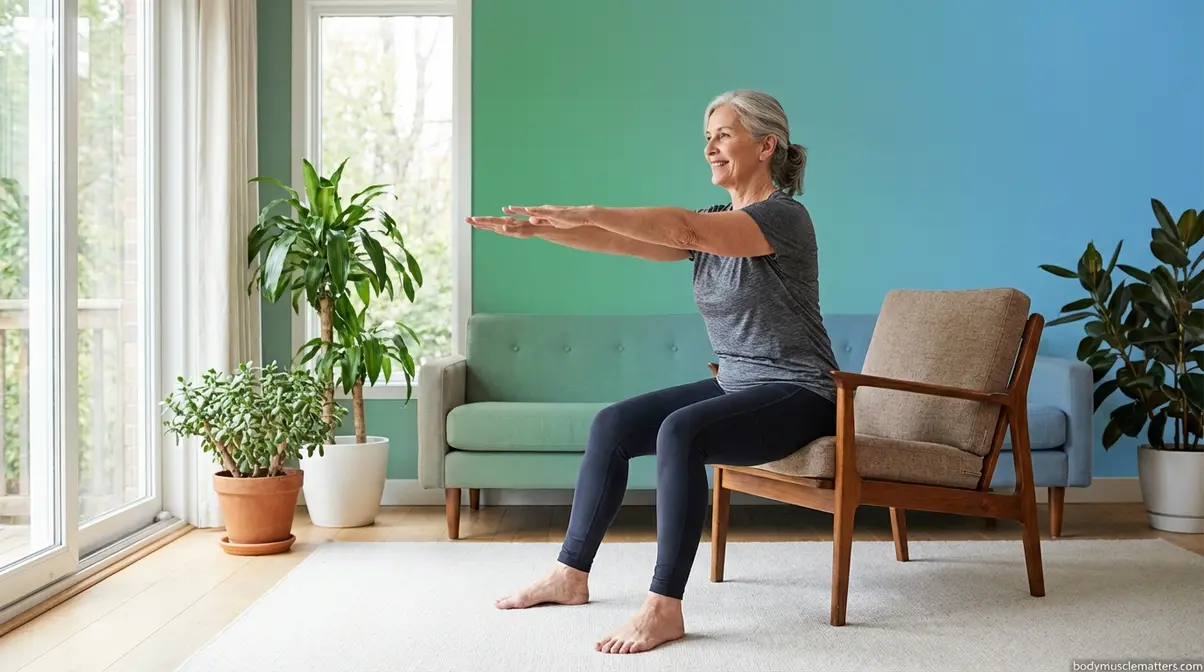 Older adult performing box squat modification lowering toward a sturdy chair for safety