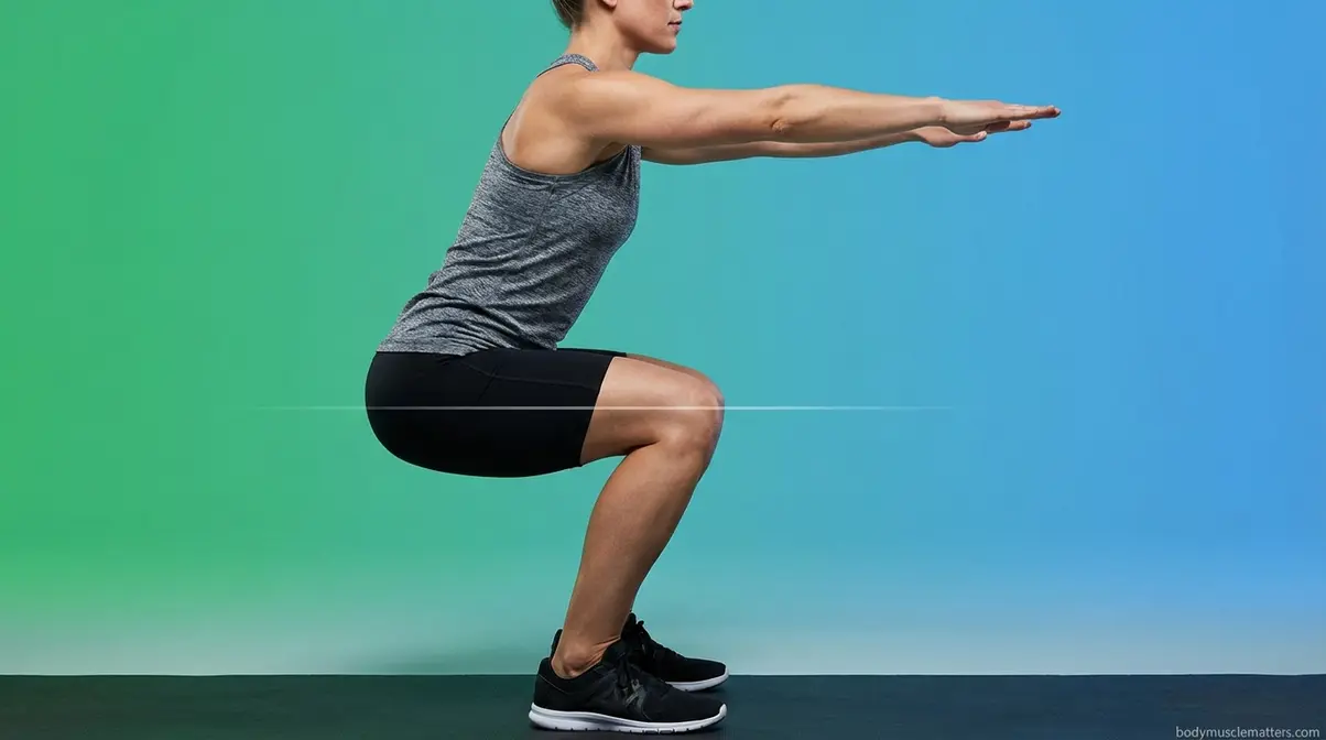 Adult at correct parallel squat depth with thighs horizontal and heels flat on floor